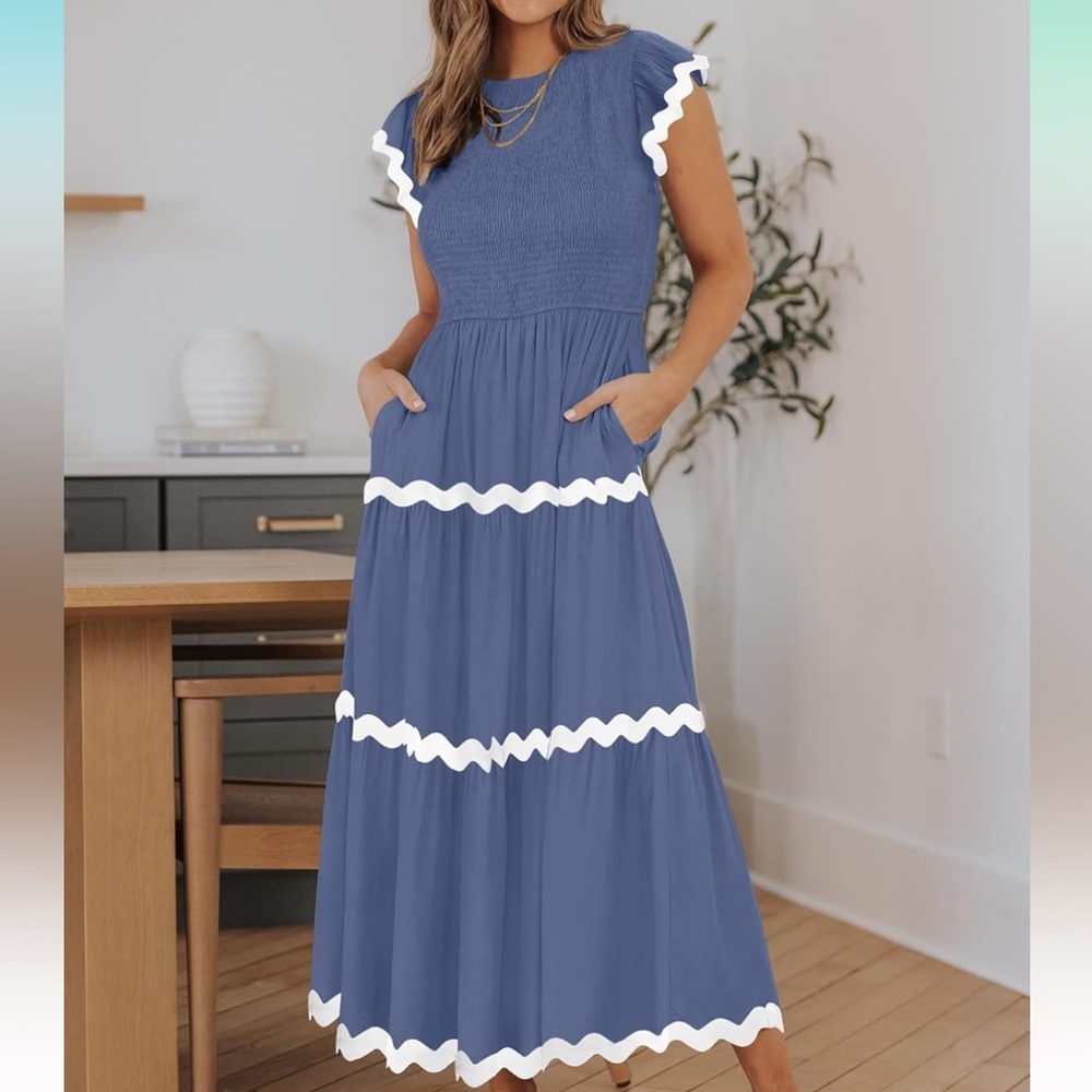 ZESICA Women's Summer Flutter Short Sleeve Smocked Maxi Dress - Picture 2 of 13